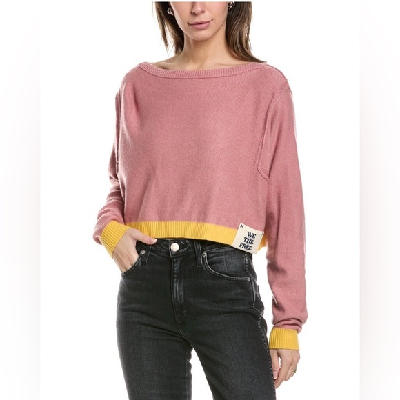Free People Into the Blue Wool Blend Crop Sweater in Rose Blush Combo Medium NWT - Picture 1 of 9